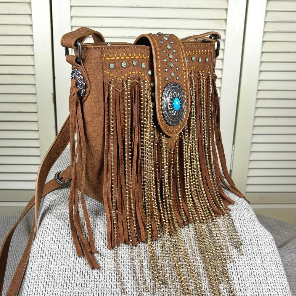 Montana West Brown Crossbody Modernist Fringe Purse Turquoise Concho Chain Bag - Picture 2 of 7